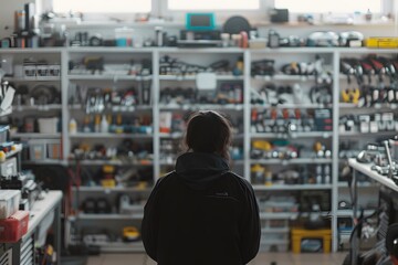 man stands among neatly organized clothing shelves in a garage turned shop