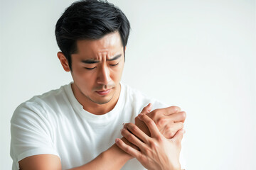 man suffering from shoulder pain, holding her arm and touching the area of damaged skin on a white background 