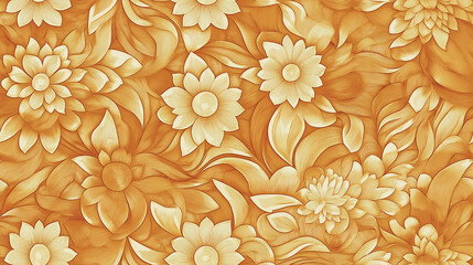 Elegant golden floral seamless pattern with intricate, hand-drawn flowers and leaves. The design is richly textured, offering a luxurious and vintage aesthetic.