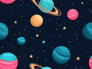 Naklejka premium Seamless pattern of cartoon planets and stars in bright colors on a dark navy background. A playful and cosmic design evoking a sense of wonder and adventure.