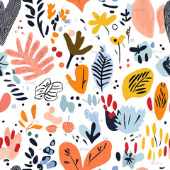 Playful doodles of leaves, plants, and abstract forms in bright, cheerful colors on a white background. A lively and whimsical design full of movement and spontaneity.
