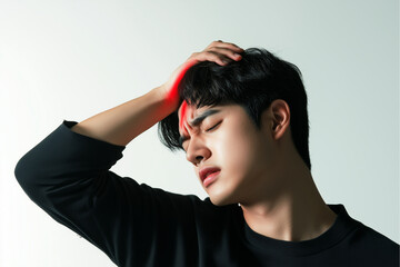 man suffering from head pain, holding her arm and touching the area of damaged skin on a white background 