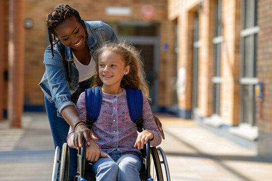 An african american teacher assists a caucasian girl in wheelchair in the schoolyard