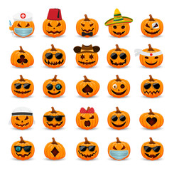 Happy Halloween Character. Set of pumpkins with different costumes facial expressions Halloween. Each pumpkin is decorated unique accessories such as hats, glasses masks and other elements.