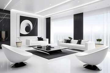 3d rendering of modern white living room with black and white sofa