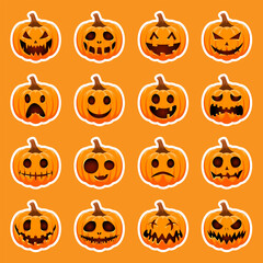 Happy Halloween stickers. Set pumpkins sticker. The main symbol of the Happy Halloween holiday. Orange pumpkin with smile for your design for the holiday Halloween. Vector illustration.