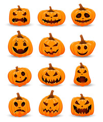 Happy Halloween Pumpkins set. Pumpkin of different shapes isolated on white background. Vector illustration.