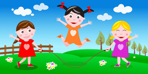 cute little girls playing outdoor skipping rope vector illustration