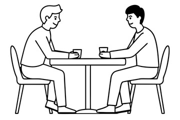 Two men are sitting at a table line art vector