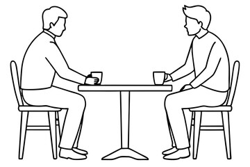 Two men are sitting at a table line art vector