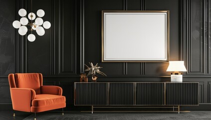 Sleek Black Wall with Vertical Lines and Modern Orange Chair Accent.