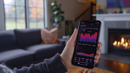 A close-up of a patient using a health monitoring app on their smartphone, with vital signs displayed
