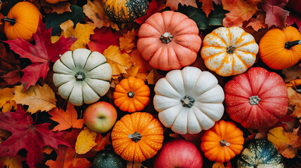 Fototapeta premium A colorful display of pumpkins, and autumn leaves for the fall season.