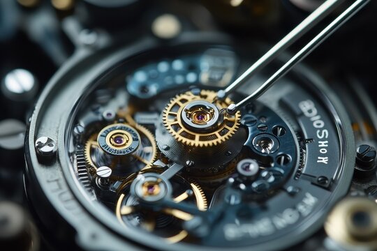 Close-Up of Old Watch Inner Workings and Gears with Silver Wires, Yellow Gold Hands, Black Dials, and White "BioShock"-Style Buttons &ndash; Macro Photography with Focus Stacking


