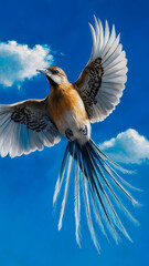 Lyrebird Flying Under a Blue Sky, Photo Realistic, Wallpaper, Cover and Screen for Smartphone, Cell Phone, Computer, Laptop