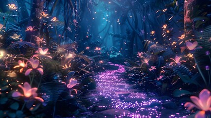 Naklejka premium Glowing plants and lights in a wonderland, a mysterious path through mysterious, dark woods, and a neon fairy tale forest with radiant flowers. 