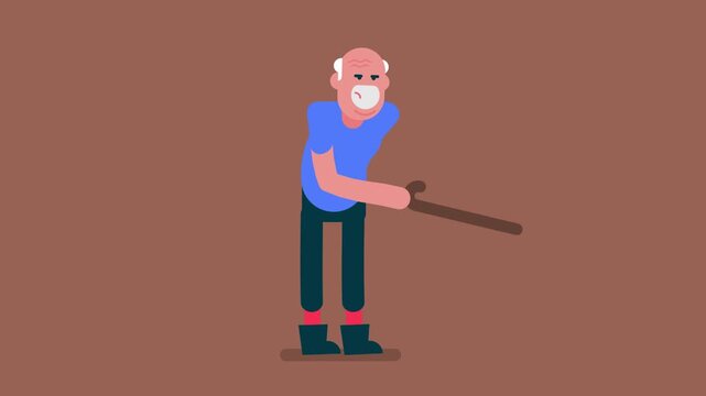 Old man standing and dancing with wood stick, Elderly man cartoon character, Flat avatar video 4k