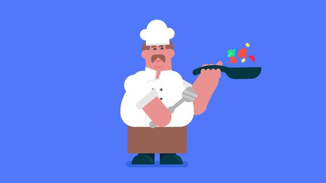 Happy restaurant cook chef with hat and cook uniform, holding frying pan and dancing, Flat avatar video 4k
