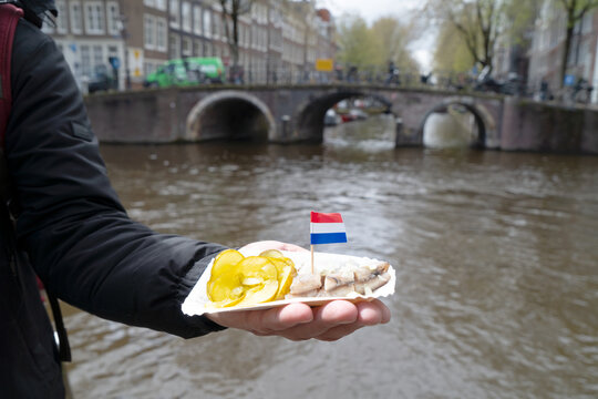 Man holding bread with traditional dutch herring