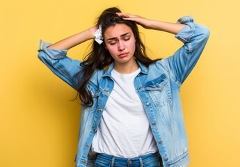 Woman with Oversized Denim Shirt Sneezing While Holding Tissue.