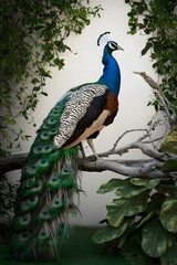 Obraz premium Congo Peafowl Bird Perched on a Branch in Nature, Realistic Photo, Wallpaper, Cover and Screen for Smartphone, Cell Phone, Computer, Laptop