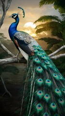 Naklejka premium Congo Peafowl Bird Perched on a Branch in Nature, Realistic Photo, Wallpaper, Cover and Screen for Smartphone, Cell Phone, Computer, Laptop