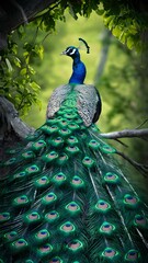 Obraz premium Congo Peafowl Bird Perched on a Branch in Nature, Realistic Photo, Wallpaper, Cover and Screen for Smartphone, Cell Phone, Computer, Laptop