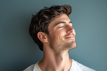 Obraz premium A close up of a man's face with his eyes closed