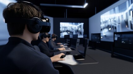 A man wearing a virtual reality headset sits in an office setting, working on a computer. He is part of a team of professionals using VR technology in a modern workspace.