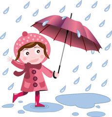 A cute little smiling girl in a fashionable pink dress is holding an umbrella and having fun in the rainy autumn weather as a beautiful personified illustration