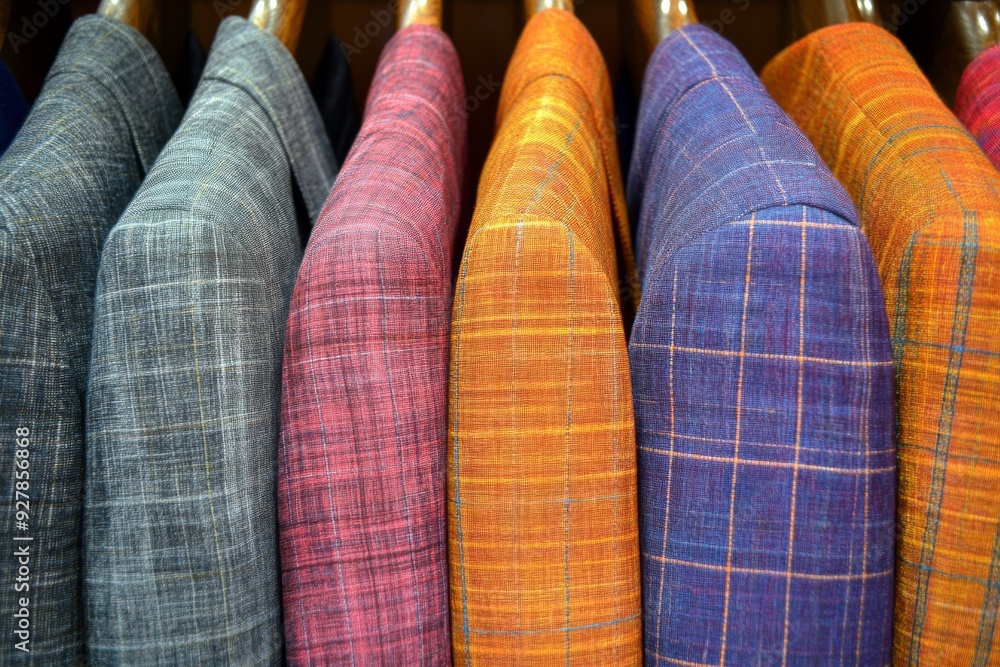 Poster colorful collection of textured ties displayed in a row on a rack