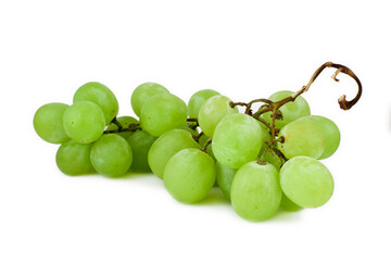 A fresh bunch of ripe green grapes is isolated on a white background as a healthy and juicy vegetarian food cluster perfect for a natural diet
