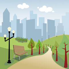 Vector illustration of an eco friendly city landscape featuring green trees and grass with modern urban architecture under a blue summer sky