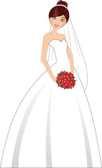 A beautiful woman in an elegant bridal wedding gown and veil holds a flower bouquet during a celebration of love and glamour