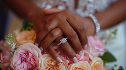 A close-up of hands exchanging wedding rings during a ceremony, with a soft, romantic background
