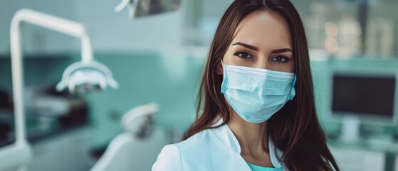 Focused young female dentist wearing a face mask in a bright clinic. Free copy space for text.