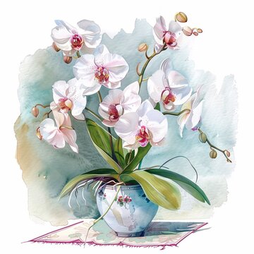 
orchids in a vase on a table illustration on a white background