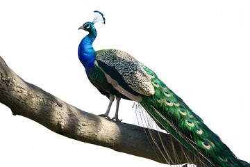 Obraz premium Congo Peafowl Bird Perched on a Branch with White Background, Realistic Photo, Wallpaper, Cover and Screen for Smartphone, Cell Phone, Computer, Laptop