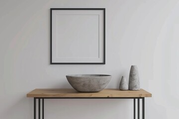 Minimalist Black Frame Mockup on a Wall with Stone Bowl and Vases