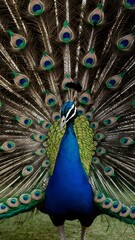 Naklejka premium Congo Peafowl Bird with Open Fan Tail, Realistic Photo, Wallpaper, Cover and Screen for Smartphone, Cell Phone, Computer, Laptop