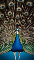 Naklejka premium Congo Peafowl Bird with Open Fan Tail, Realistic Photo, Wallpaper, Cover and Screen for Smartphone, Cell Phone, Computer, Laptop
