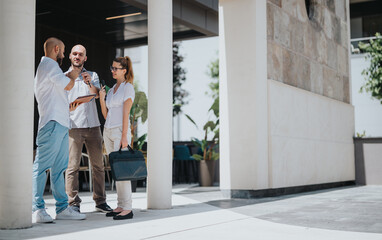 Three business professionals in casual attire having a discussion and collaboration meeting outside an office building.