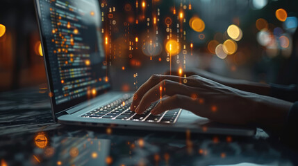 A close-up of hands typing on a sleek laptop keyboard, with digital icons floating around