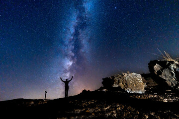 Man with Raised Hands Looking at the Milky Way in the Mountains of Teruel