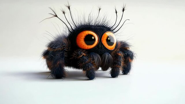 Playful cartoon black spider with big eyes scuttles around light-filled room, showcasing its lively personality and engaging movements.