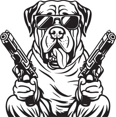 Mastiff Dog Holding Guns Stylized Vector Illustration