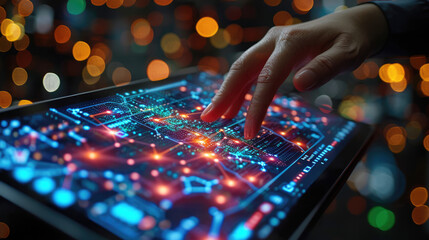 Fototapeta premium A close-up of neural network diagrams and AI models on a digital tablet screen, with a scientist analyzing the data