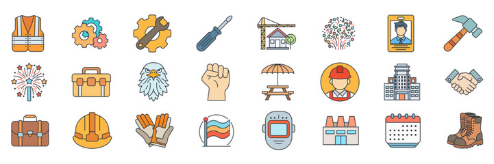 Labor Day icons set, Included icons as Briefcase, Hard Hat, Office Building, Factory and more symbols collection, logo isolated vector illustration
