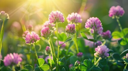 Fototapeta premium Clover Wildflowers in Sunlit Meadow Colorful Macro Image