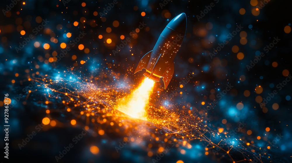 Poster Startup Rocket Launch with Digital Network Connection Representing Business Growth and Leadership in Technological Innovation